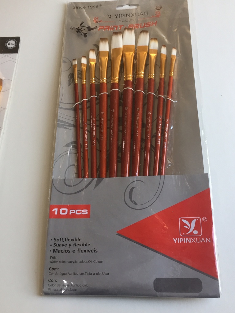 Yipinxuan Flat Brush Set, 10 Brushes, Brown Long Handle, White Hair